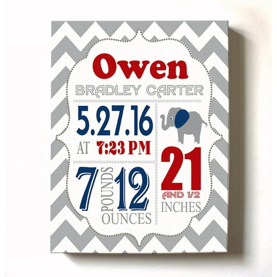 Personalized Canvas Birth Announcement Nursery Decor Gift, Elephant Design, Custom Name, Date, Weight & Length, Unique Boys & Girls Baby Shower Wall Art Presents, Color Gray # 10, Size - 24X30