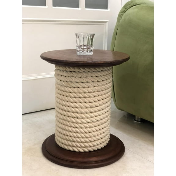 Nautical 18'' Wooden Ship Wheel Table Base with Top Rope Maritime Spool Table Nightstand Decor