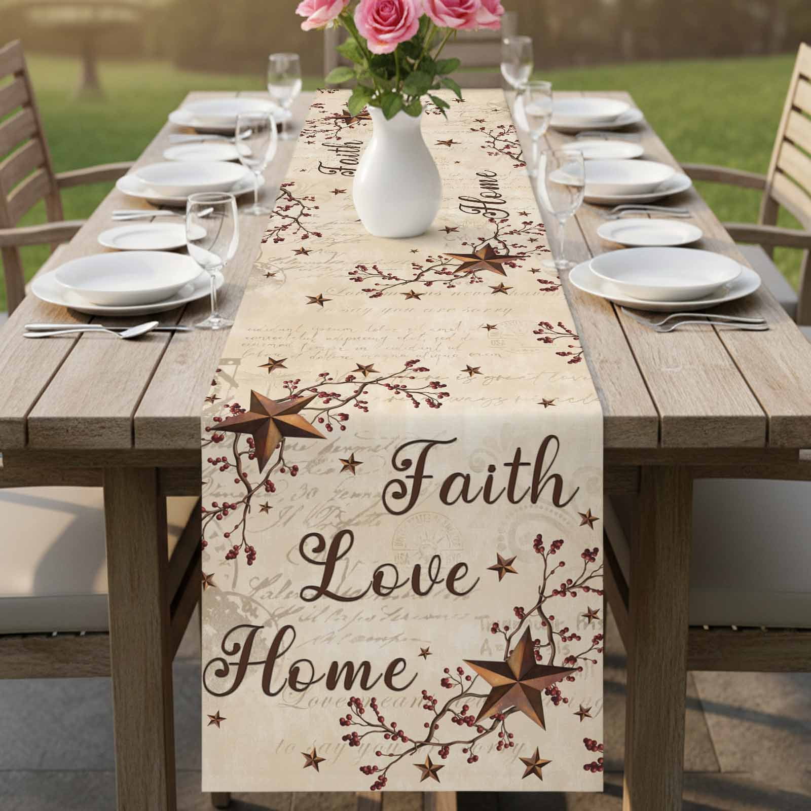 Brown Farmhouse Cotton Linen Table Runner for Dining Kitchen, Retro Country Stars Rustic Branches Berry Wedding Outdoor Party Tablerunners, Dresser Scarf Coffee Tablecloth Runners 13x120 Inches