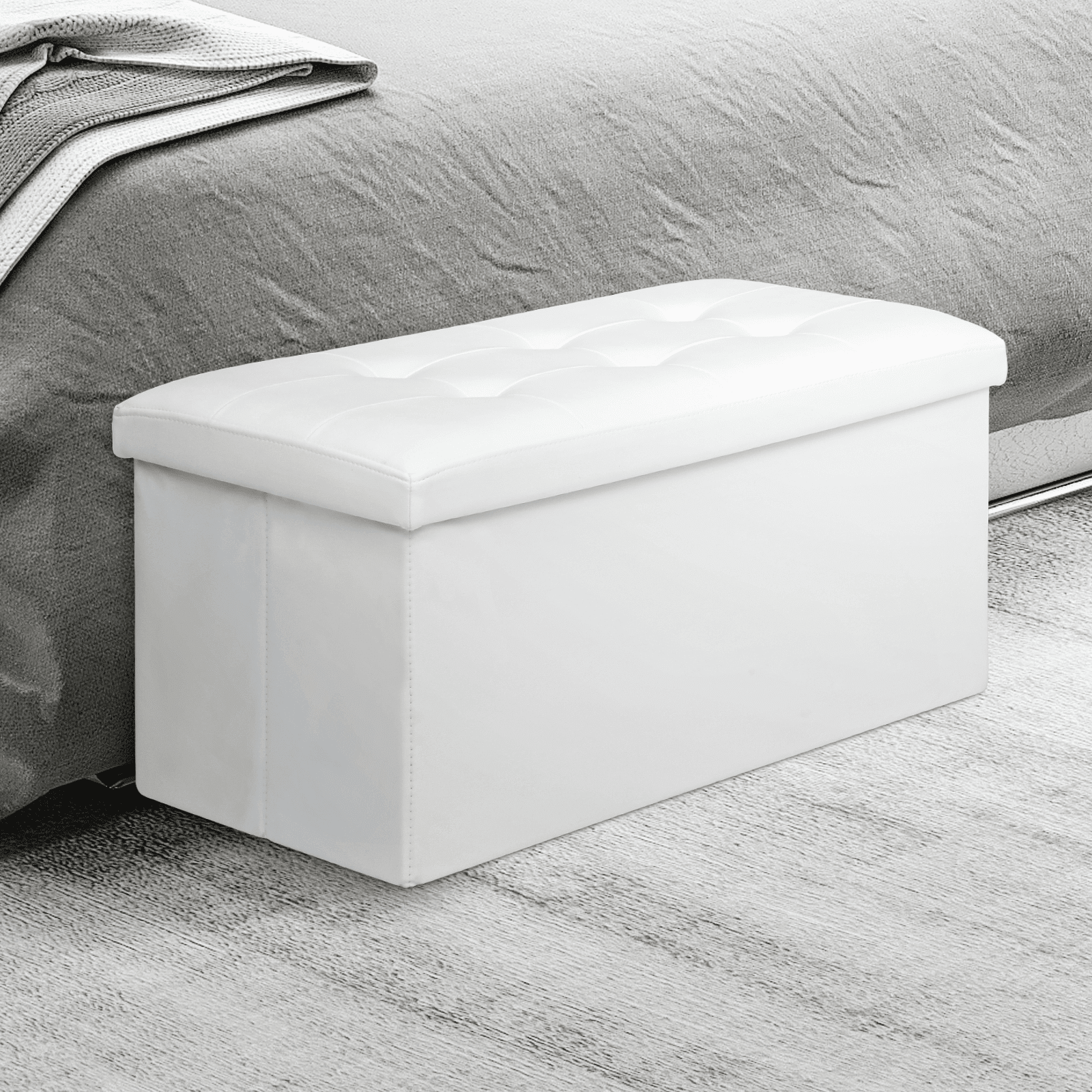 MoNiBloom 30" Folding Storage Ottoman Bench, PU Leather Collapsible Footrest Ottoman with Storage, for Living Room Bedroom Entryway, White