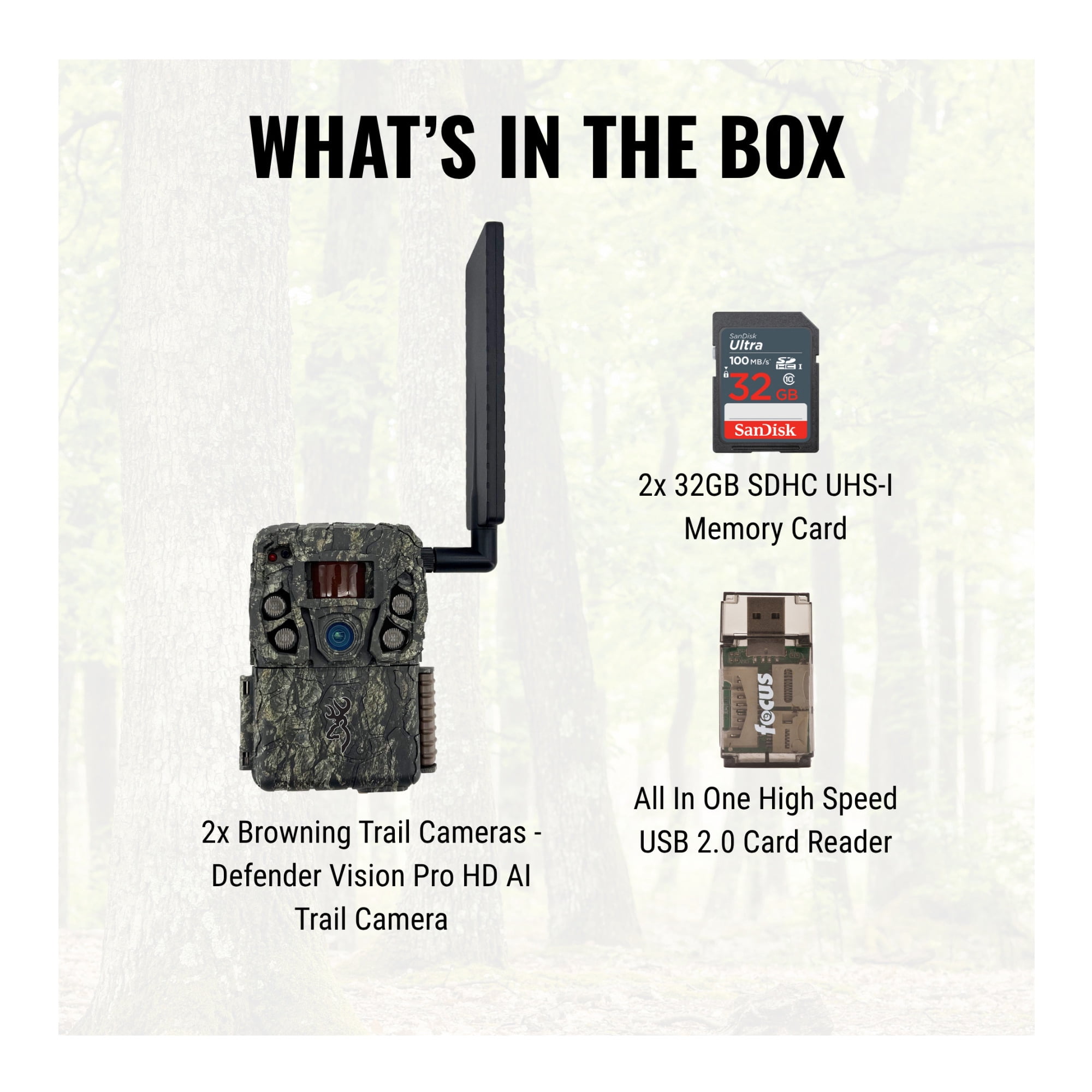 Browning Trail Cameras - Defender Wireless Vision Pro HD AI 46MP (2-Pack) Bundle with 2x 32GB Memory Card and Card Reader (5 items)
