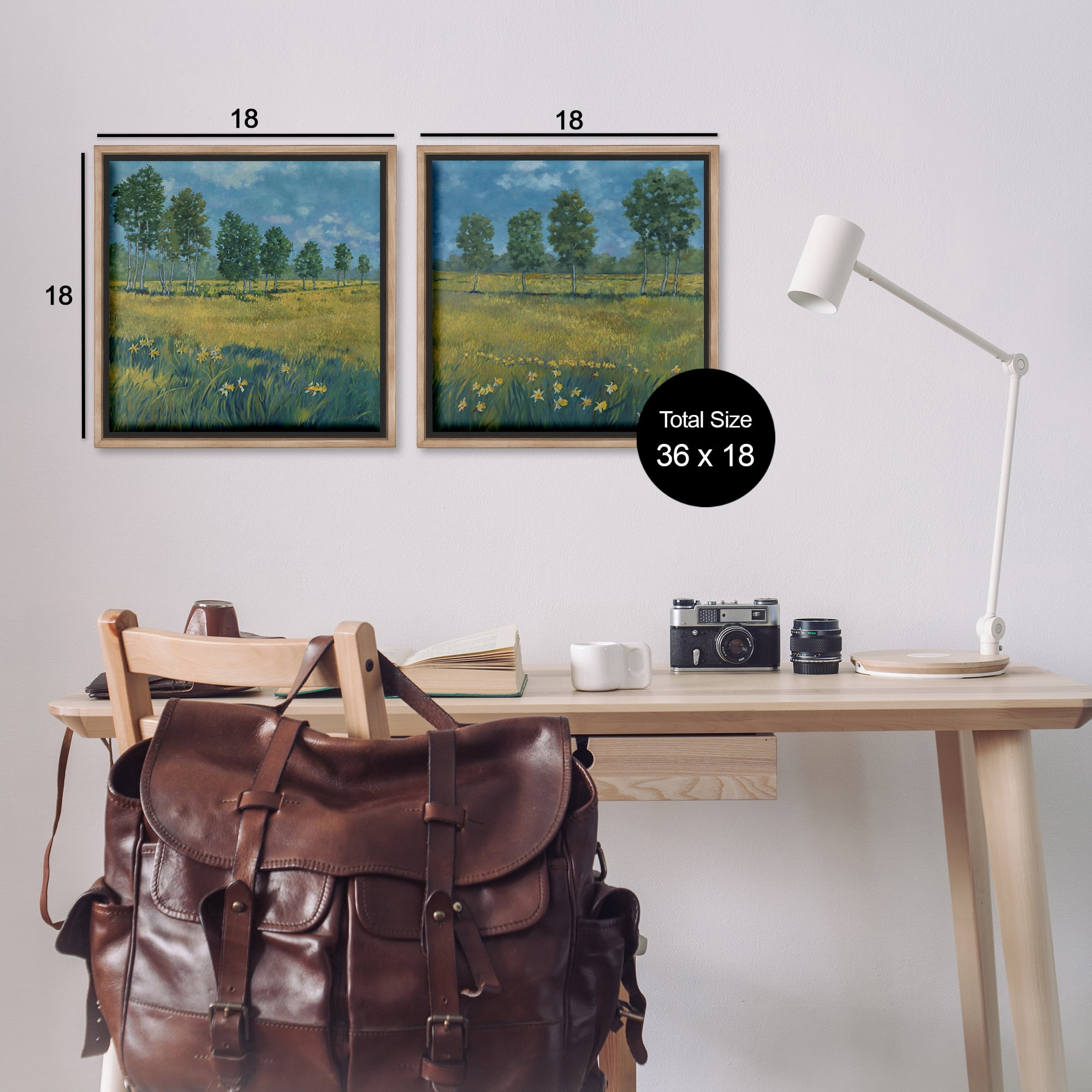 Stupell Industries Daffodil Tree Lined Field Landscape & Nature Painting Brown Floater Framed Canvas Art Print Wall Art, 18 x 18, Set of 2