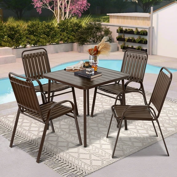 Patio Furniture Set, 5-piece Outdoor Dining Set Wood Grain Top, Plastic Patio Table and Chairs for Deck Yard Balcony Porch, All-weather Steel Frame, 4-person Dining Set for Indoor Outdoor, Brown