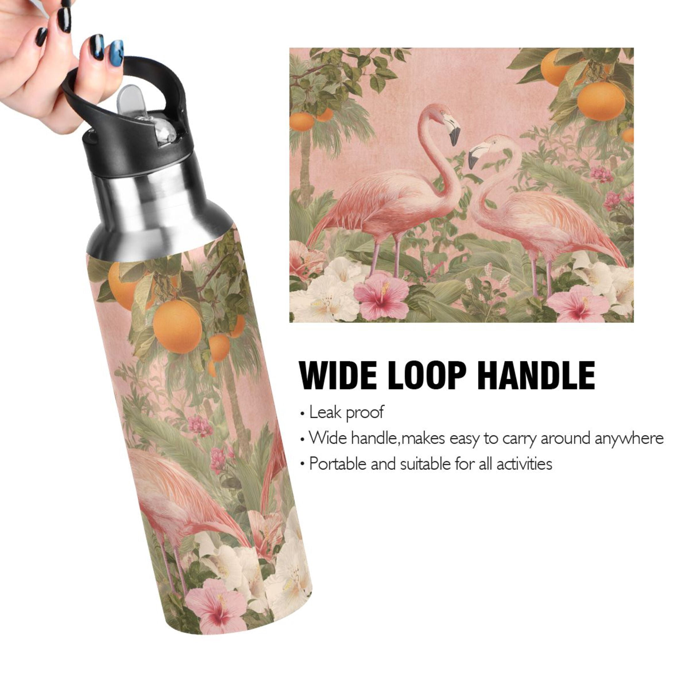 1000ml Vacuum Insulated Sports Water Bottle with Foldable Straw Stainless Steel Portable Thermos Cup Flamingos in Tropical Garden