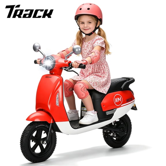 Track Seven 24V Kids Electric Motorcycle, 250W Brushless Motor Ride-on Scooter Moped for Boys Girls Ages 8 , 12" Pneumatic Tires, Bluetooth, Max 10 Mph, Bonus Storage Cover, Red