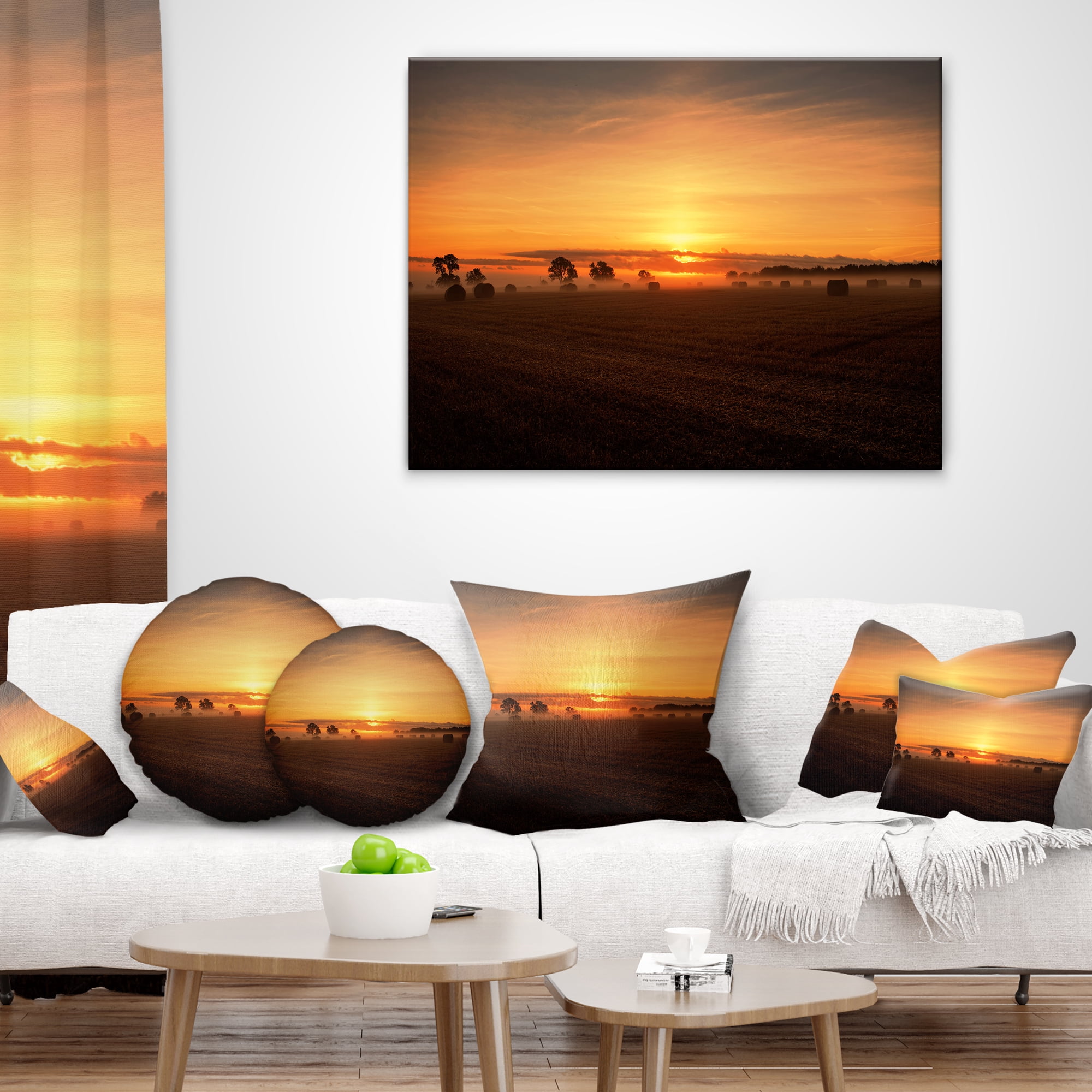 Designart Sunrise at Farmland Bales - Landscape Printed Throw Pillow - 16x16