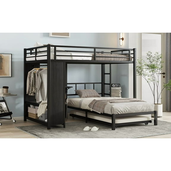 YDSM Full over Twin Bunk Bed with Built-in Wardrobe, Metal Bunk Bed with Trundle, Foldable Desk, Ladders, Noise-reduced design, Black