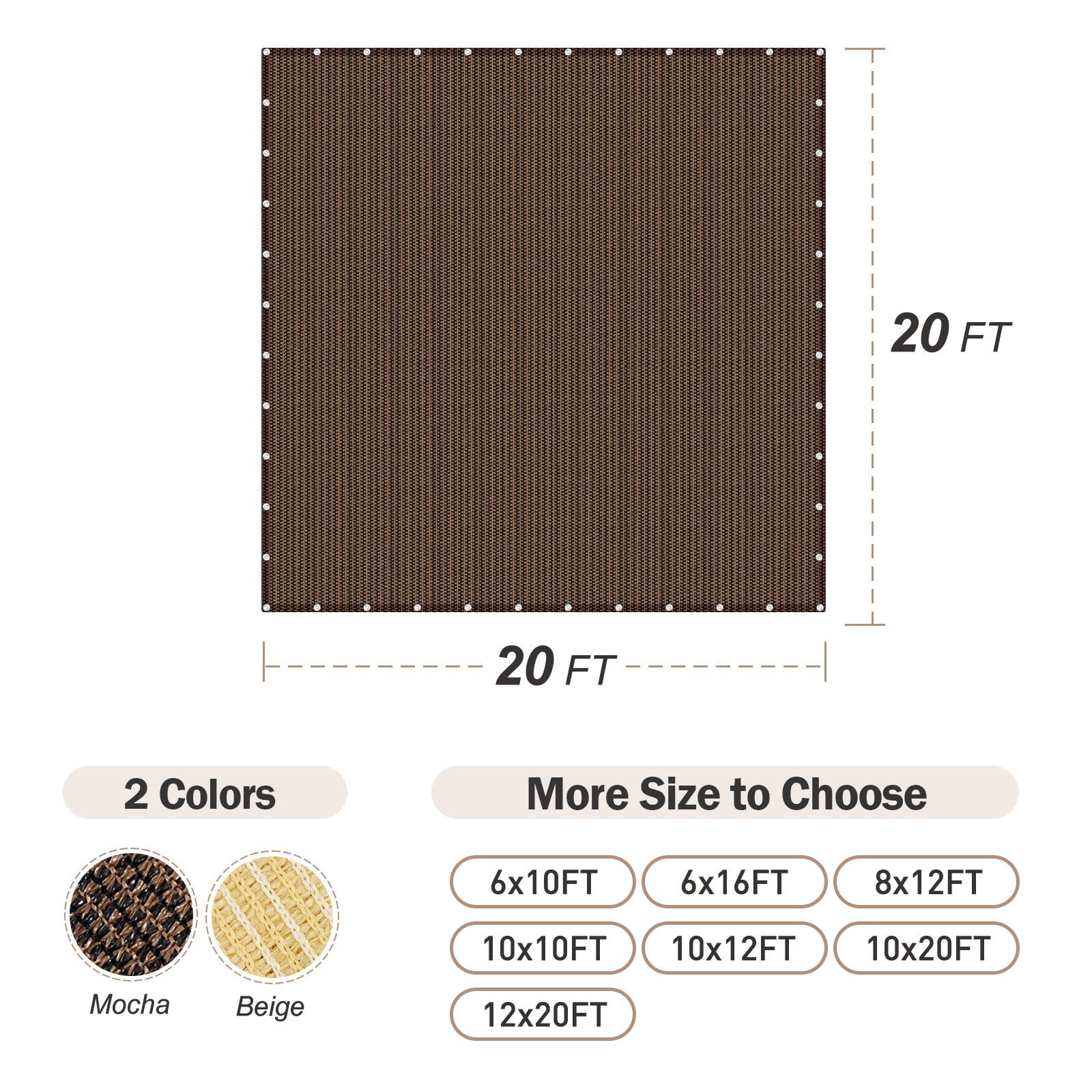 90% Sunblock Shade Cloth with Grommets for Garden Patio 20' X 20'(6x6m), Mocha
