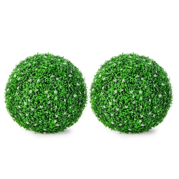 Gymax 2 PCS Artificial White Flower Grass Topiary Balls 19'' Faux Balls Indoor Outdoor