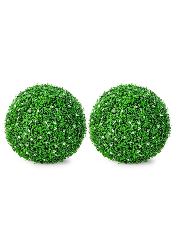 Gymax 2 PCS Artificial White Flower Grass Topiary Balls 19'' Faux Balls Indoor Outdoor