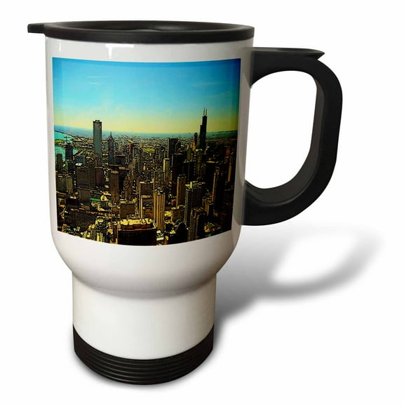 3drose, Chicago Skyline Cartoon, 14oz Stainless Steel Travel Mug