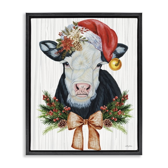Stupell Industries Rustic Lodge Festive Cow in Christmas Hat Black Floating Frame Canvas Art, 17 x 21, by Ashley Justice