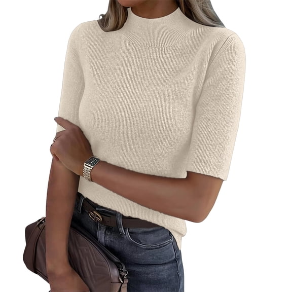 Women’s Short Sleeve Mock Neck Knit Top Ribbed Pullover Sweater Soft Stretchy Slim Fit Basic Lightweight Jumper Beige L