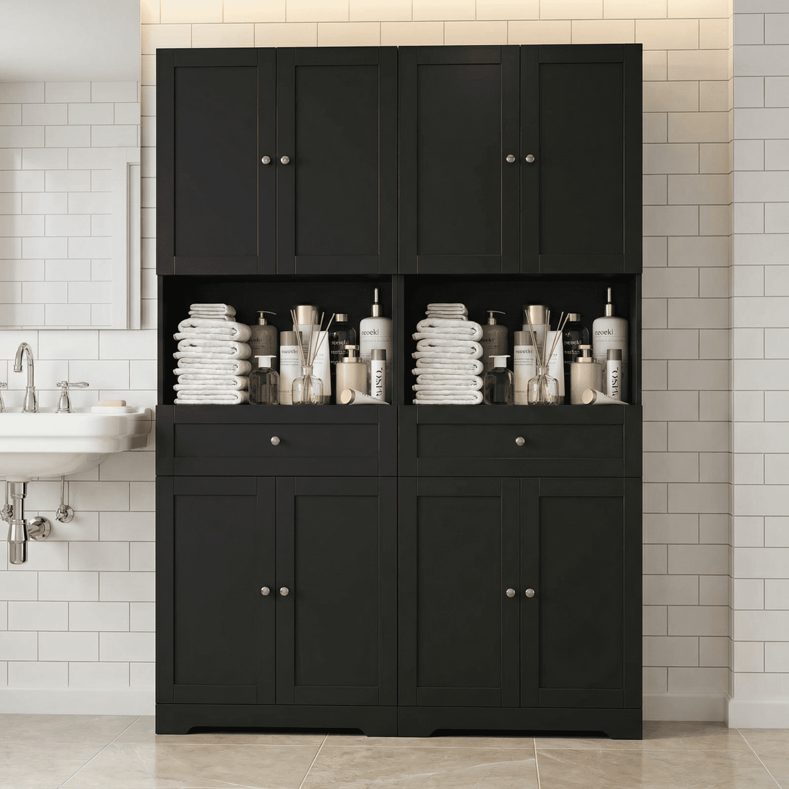 Homfa 67.5" Tall Farmhouse Bathroom Storage Cabiet with Drawer, 4 Door Modern Freestanding Storage Cabinet Cupboard, Black
