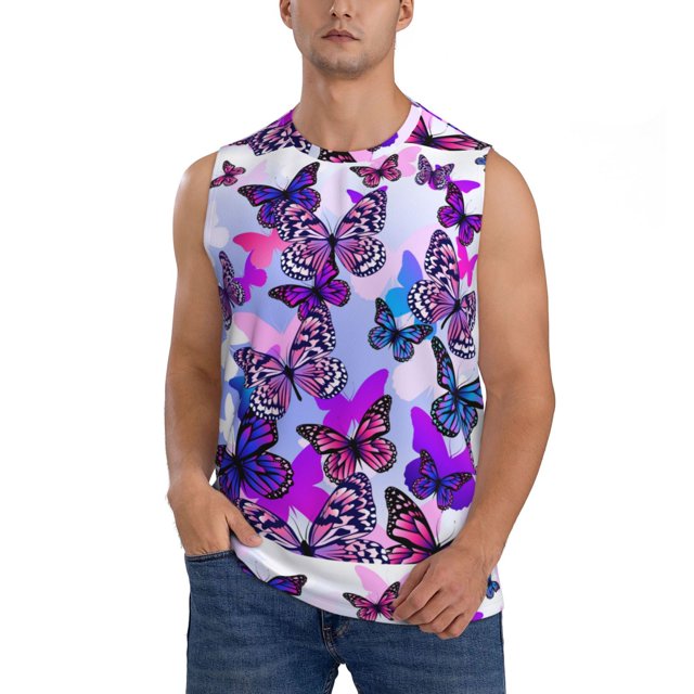 Fotbe Flying Butterflies Men's Camiseta sin Mangas Estampada para Hombres, Playera Casual para Gimnasio, Entrenamiento, Playa-XX-Large