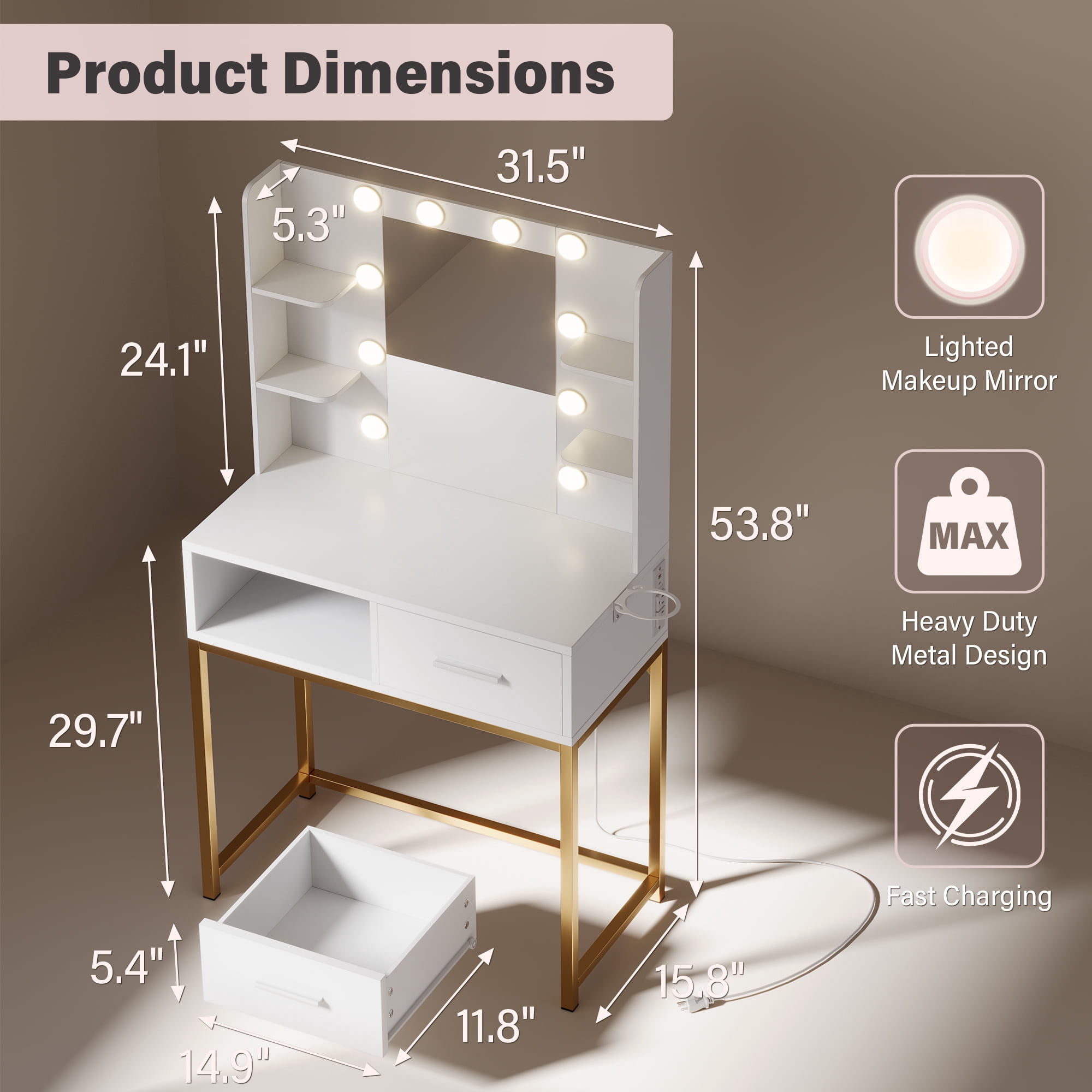 Homall Vanity Desk with Mirror, Power Outlet & LED Lights, Makeup Vanity Table with 2 Drawers & 4 Shelves, Dressing Table for Bedroom Dressing Room, White