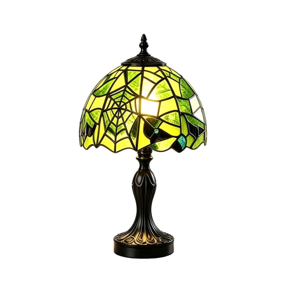 14 Inch Lamp Spider Web Stained Glass Table Lamp Vintage Bedside Desk Light for Halloween, Bedroom, Living Room, Gothic Decor, 1-Pack