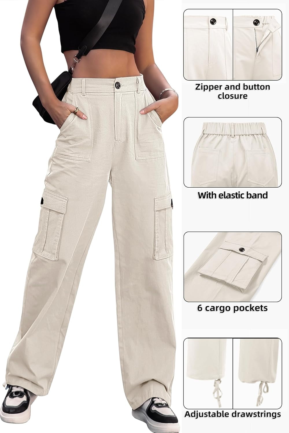 Women High Waisted Cargo Pants Wide Leg Casual Pants 6