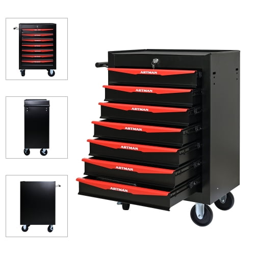 POVANLI 7 Drawer Portable Tool Box With Wheels,20" Tool Chest With Key Locking Tool Boxes/Organizers Black&Red
