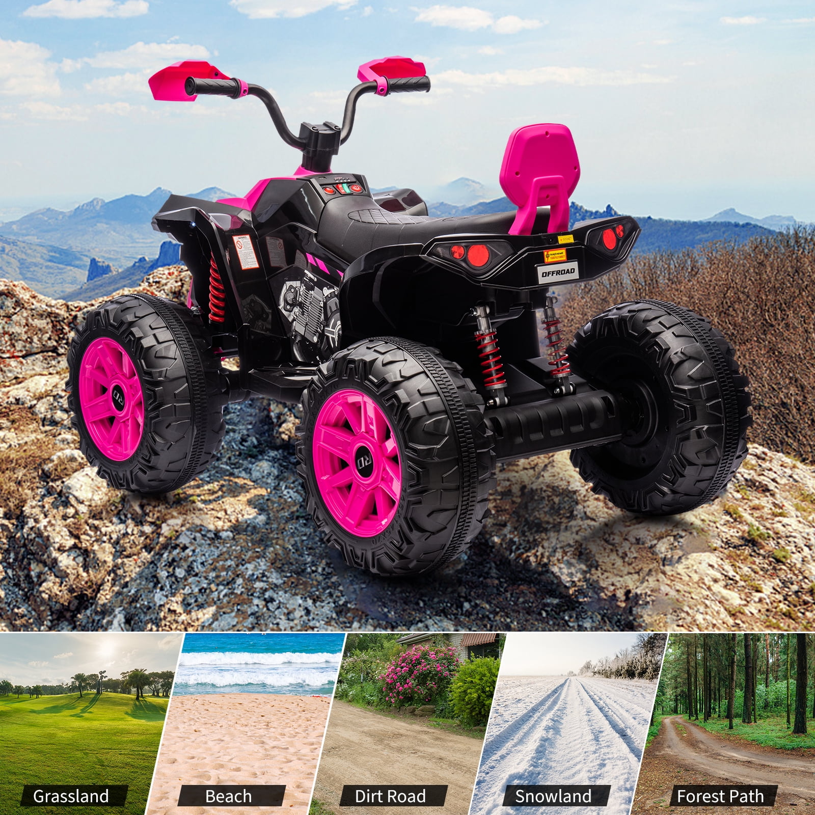 24V 2 Seater Kids ATV, 4-Wheeler Electric ATV, Off-Road Dirt Quad Car with Powerful Motors, 14.4" Wheels, High Low Speed, Music, LED Lights, Best Gift for Boys and Girls
