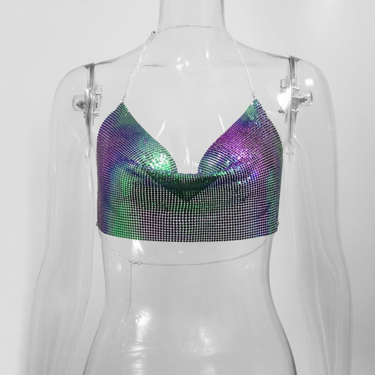 Puntoco Plus Size Clearance Bra,Women Vest Party Wear Sparkly Rhinestone  Metal Chainmail Halter Draped Bra Multicolor 