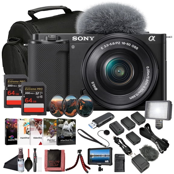 Sony ZV-E10 Vlogging Mirrorless Camera Kit with E PZ 16–50mm Lens | 24.2 MP APS-C Sensor | 4K Video (ILCZV-E10L/B), 4K Monitor, 2 x 64GB Card, Filter Kit, LED Light, 3 x NPF-W50 Battery and More