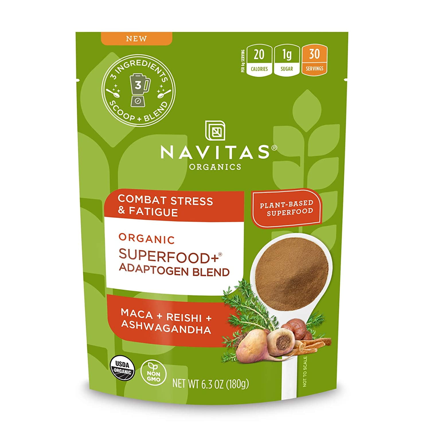 Navitas Organics Superfood+ Adaptogen Blend for Stress Support (Maca + Reishi + Ashwagandha), 6.3oz Bag, 30 Servings â€” Organic, Non-GMO, Vegan, Gluten-Free, Keto & Paleo