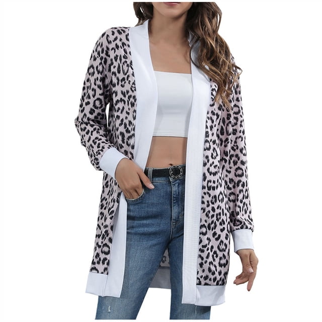 CEHVOM Manteau Cardigan Long à Manches Longues Imprimé Léopard Ouvert pour Femmes