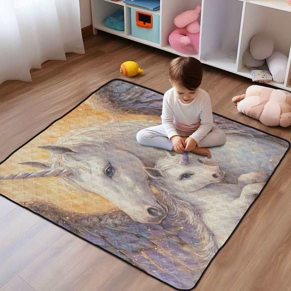 WOBOGO Unicorn Family Baby Playmats Extra Large Waterproof Rollable Activity Pads for Toddlers 50×50inch