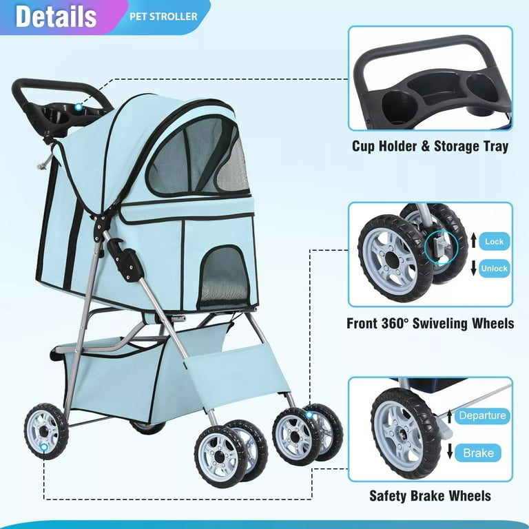 YRLLENSDAN Pet Gear Dog Stroller Small Dogs Folding Cat Stroller with Cup Holders 4 Wheel Pet Strollers for Small Dogs Puppy Stroller Travel Carrier