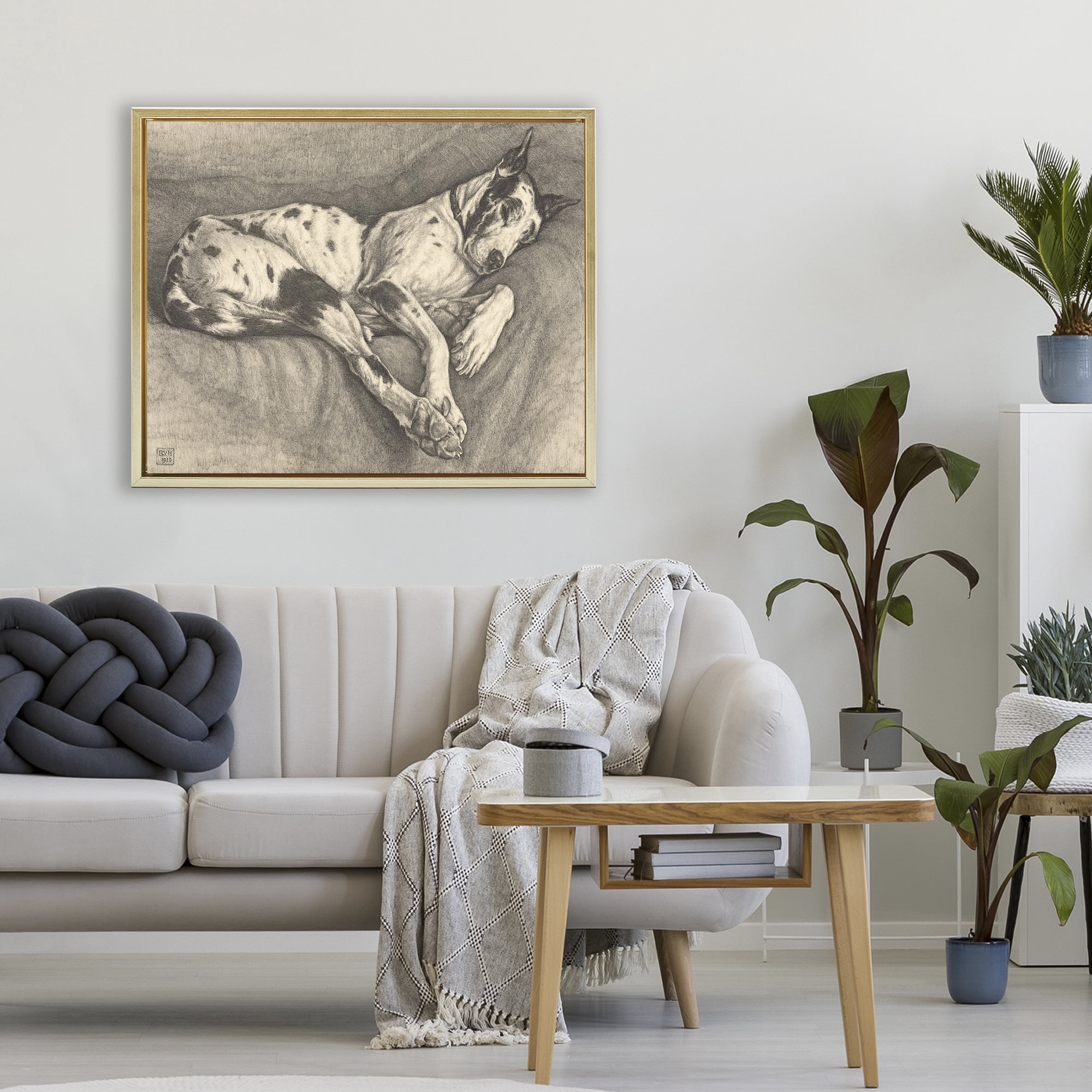 Stupell Industries Sleeping Hound Drawing Gold Framed Floater Canvas Wall Art, design by Bertha Van Hasselt
