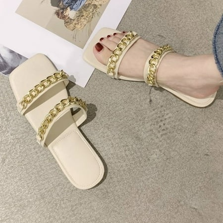 

HIBRO Fashion Spring Summer Women Slippers Metal Chain Flat Heel Flat Casual Beach Shoes
