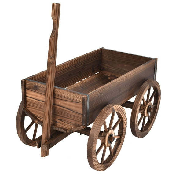 Costway Wood Wagon Flower Planter Pot Stand Garden W/Wheels