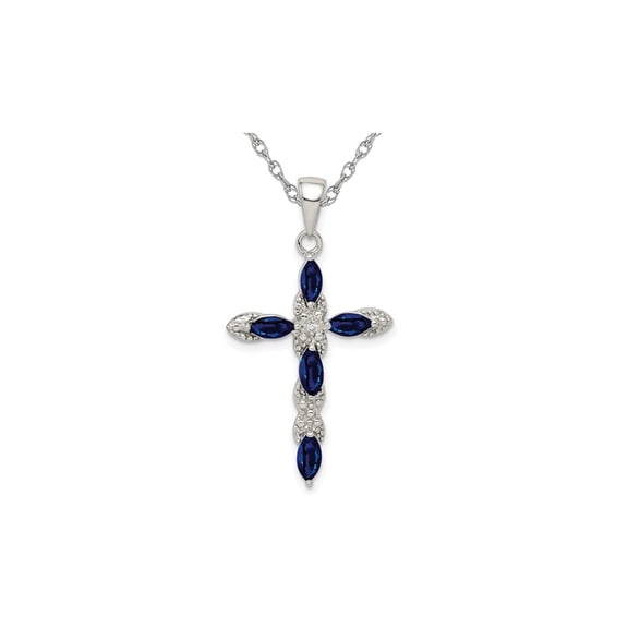 9/10 Carat (Ctw) Natural Dark Blue Sapphire Cross Pendant Necklace in Sterling Silver with Chain