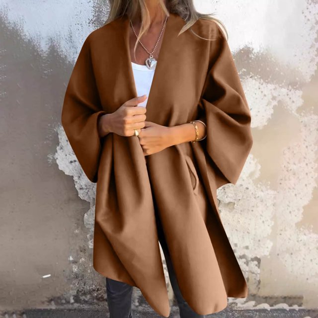 Chaqueta y abrigo informal de manga larga sin capucha para mujer, color liso, con cuello en V largo, tipo capa, tipo cárdigan, abrigo para mujer