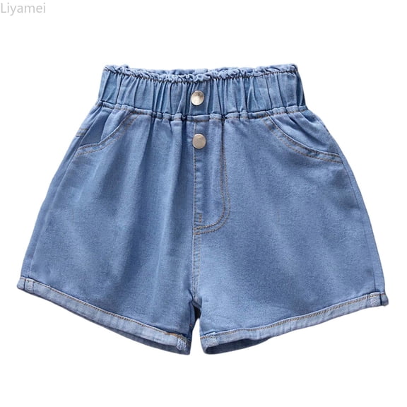 Liyamei Girls Denim Shorts with Elastic Waist for Summer Casual Size 2-15,Dark Blue