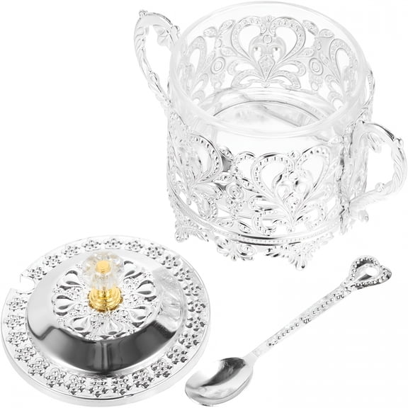 ACDANC Elegant and stylish set of 2 golden glass sugar bowls with matching spoons and lids perfect for adding a touch of sophistication to any kitchen. Ideal for storing and serving.