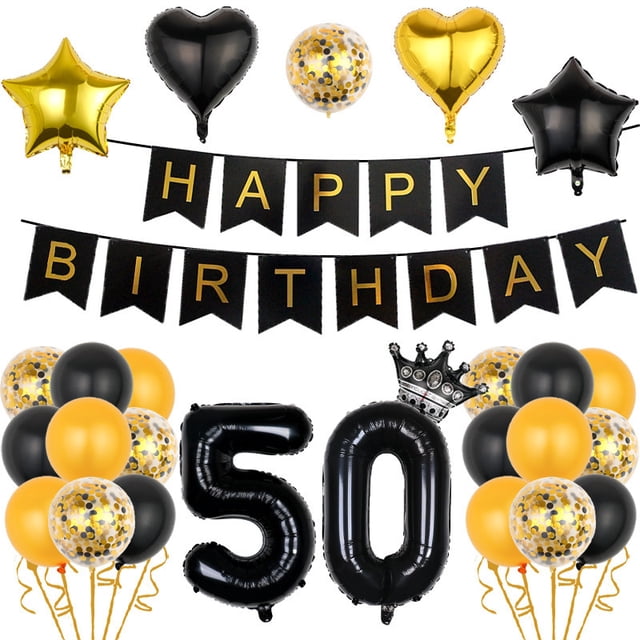 Kit de globos de fiesta para 50 cumpleaños, látex negro y dorado, 24 unidades