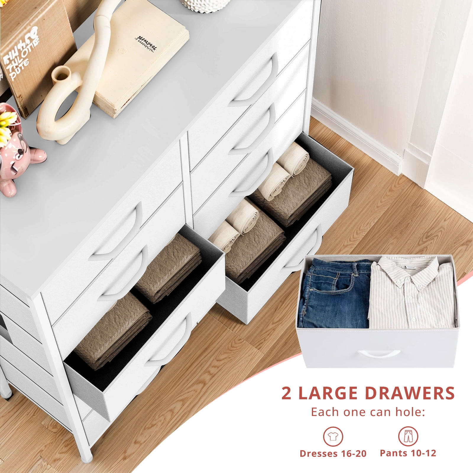 Tall Dresser for Bedroom, Chests of Drawers, Storage Organizer with 10 Drawers, Sturdy Metal Frame, Wood Tabletop for Guest Room, Closet, Entryway, Nursery, White