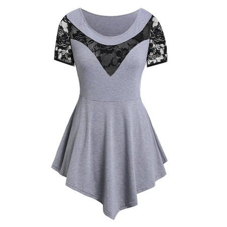 

NECHOLOGY Plain Solid Lace Three Size Asymmetric Quarter O-Neck Women Plus Blouse Floral Tops Plus Size plus Size Camisole Bra Shirt Grey Medium