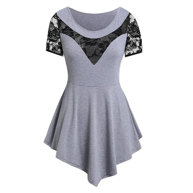 Leutsin Plus Size Women Solid Floral Lace O-Neck Asymmetric Three Quarter Plus Size Plus Size Tops Blouse