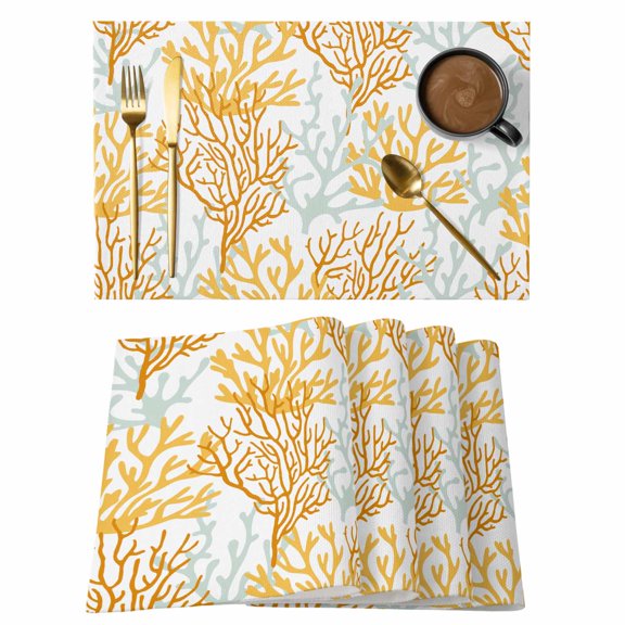 Orange Gray Coral Coastal Placemats Set of 2,Cotton Linen Fabric Place Mats,Summer Beach Seaside Nautical Washable Decorative Table Mats Protector for Home Kitchen Dining Wedding Party Coffee Tables