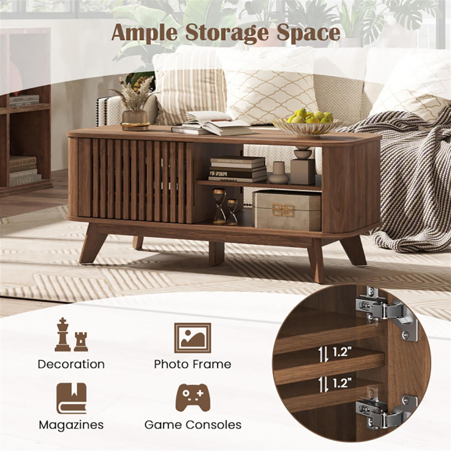 Demi Bonn Rectangular Glass Coffee Table, Dining Center Tables with Storage and Adjustable Shelves for Living Room, Bedroom, Office and Balcony, Brown