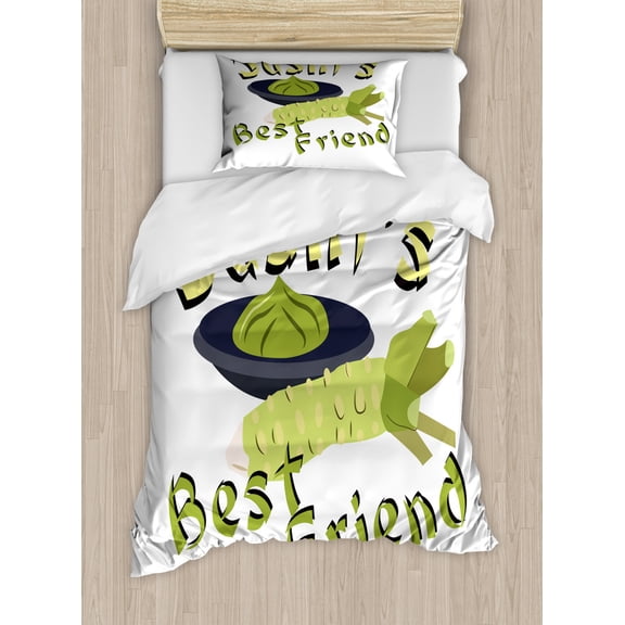Wasabi Duvet Cover Set Twin Size, Sushis Best Friend Text with Japanese Oriental Flavor, Decorative 2 Piece Bedding Set with 1 Pillow Sham, Yellow Green Avocado Green Dark Blue Grey, by Ambesonne