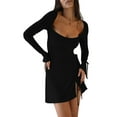 thumbnail image 1 of Fortune Robe Courte pour Femme Couleur Unie Col Carré à Nouer Taille Haute Fendue Robes, 1 of 7