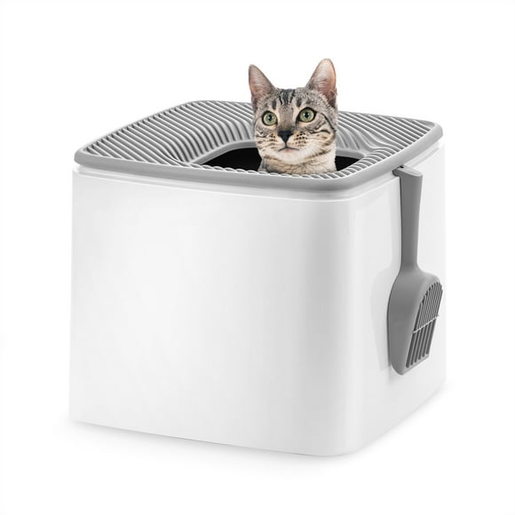 IRIS USA Premium Top Entry Cat Litter Box with Cat Litter Scoop White