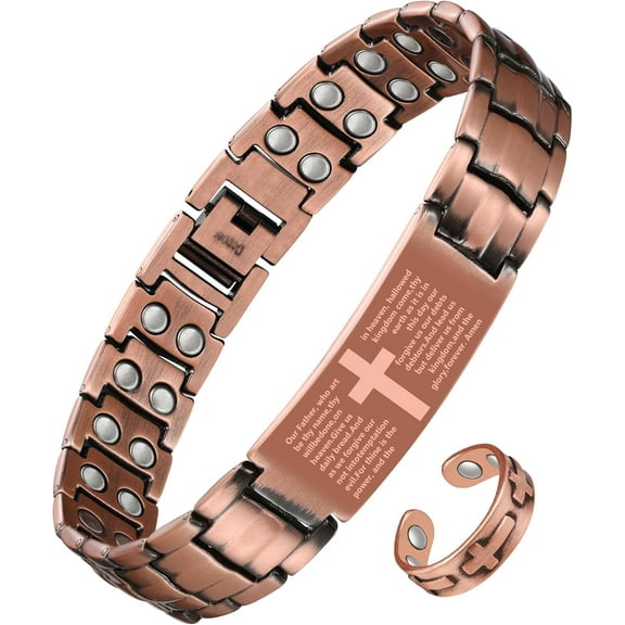 Wollet Copper Magnetic Bracelet for Men, Cross Bracelet With Ring, Copper Jewelry Gift