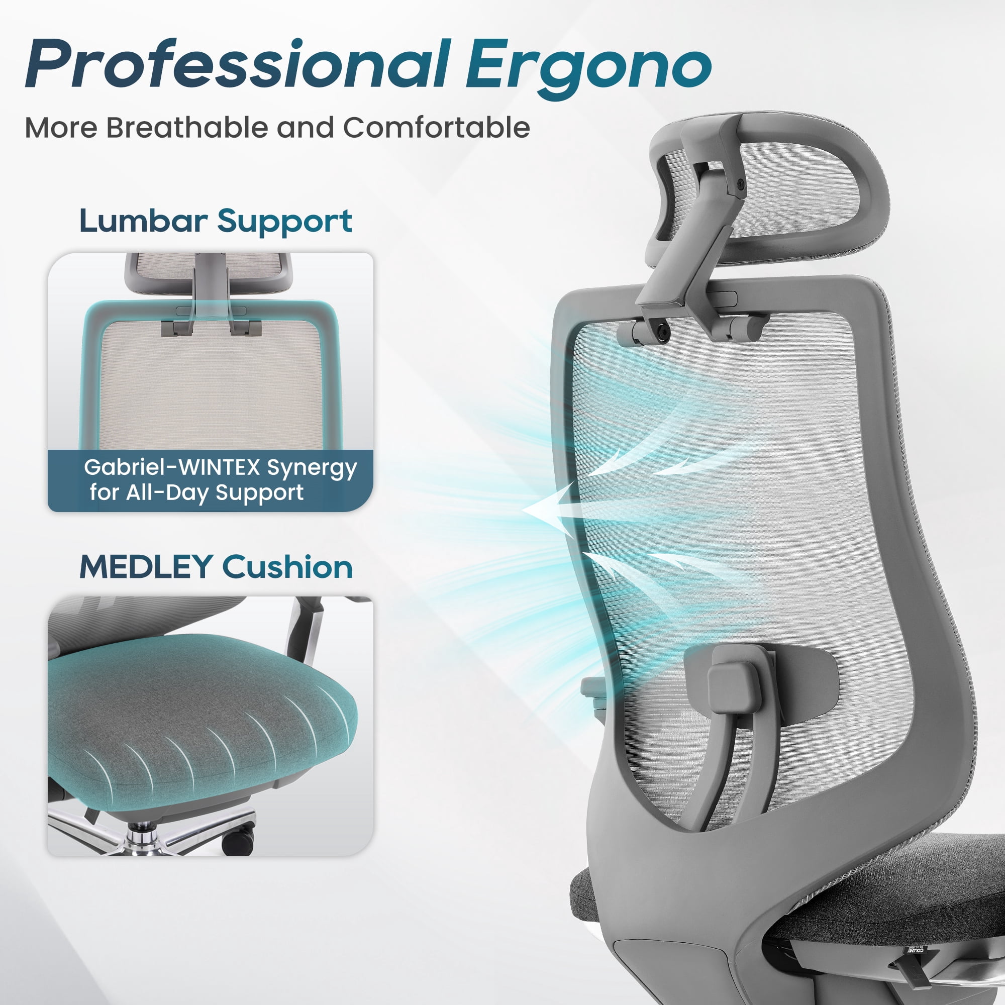 COLAMY Ergonomic Mesh Office Chair with Lumbar Support, 4D Armrests, Adjustable Headrest, 360° Swivel, High Back, Dark Grey