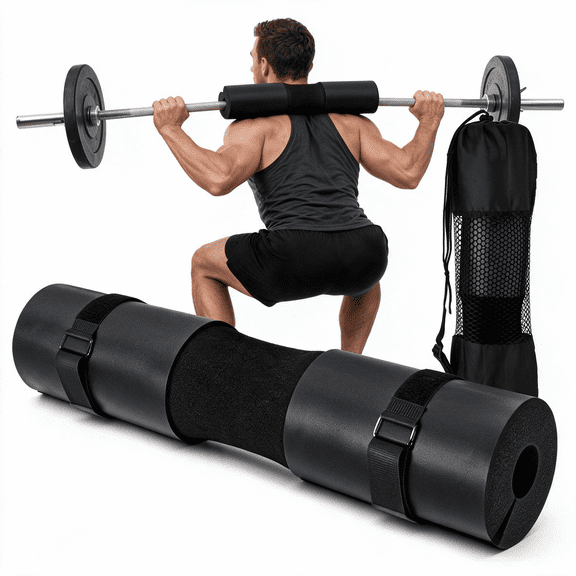 Barbell Squat Pad - 1.2 Inch High-Density Foam Cushion with Straps for Hip Thrusts, Squats & Lunges, Fits Olympic & Standard Bars, Black