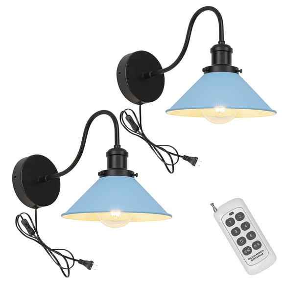 KAYYELAMP Porch Wall Lamp 2-Lights Remote Control 70.8" Plug in Button Cord Home Bedsides Bathroom Over Mirror Vintage Goose Neck Blue Shade Metal Wall Lighting(No Bulb)